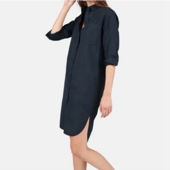 Everlane Navy Blue Long Sleeve 100% Cotton Button Up Shirt Dress Pockets Sz 0 - Picture 4 of 10